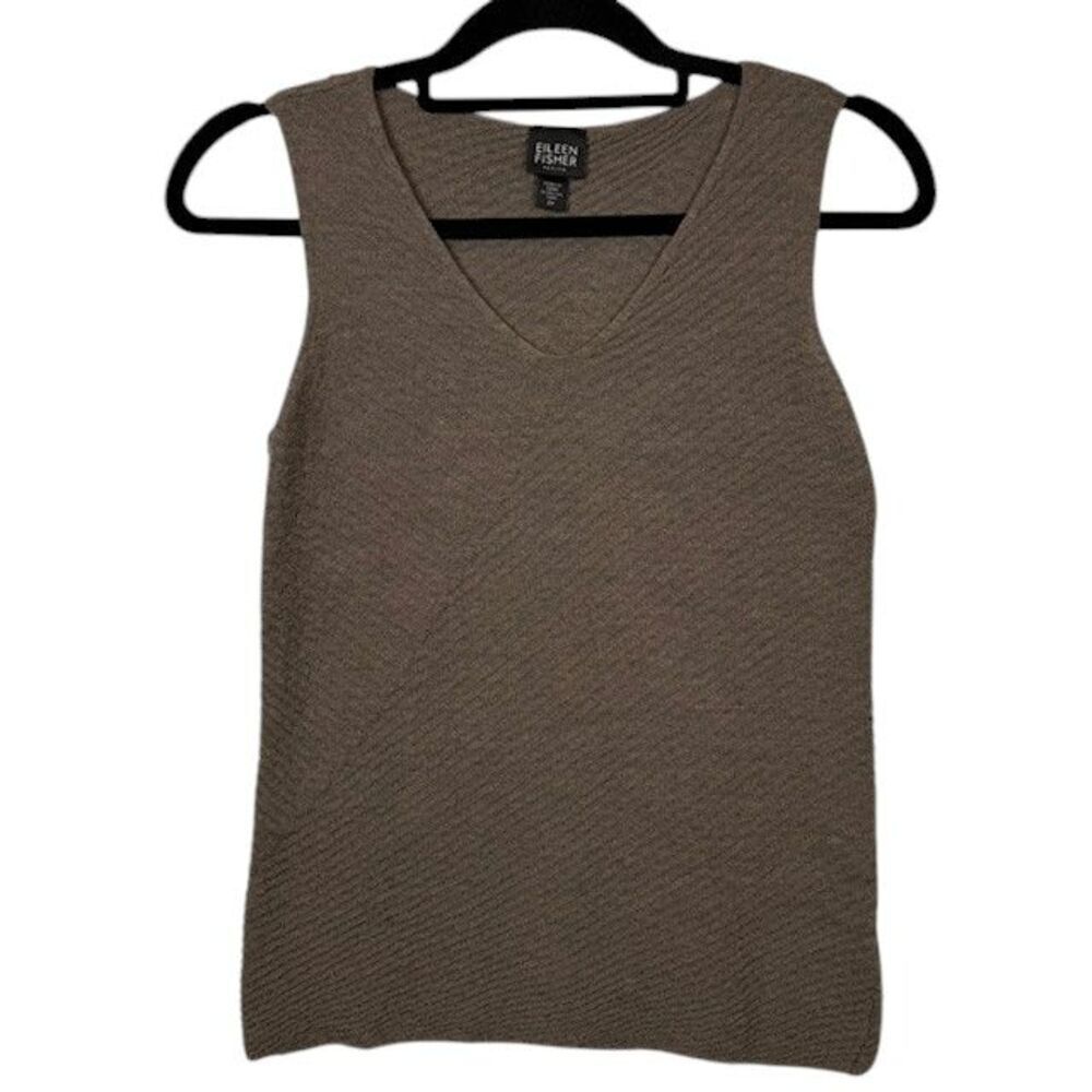 Eileen Fisher 100% Wool Rib Knit Rounded VNeck Sleeveless Top Brown Petite Small